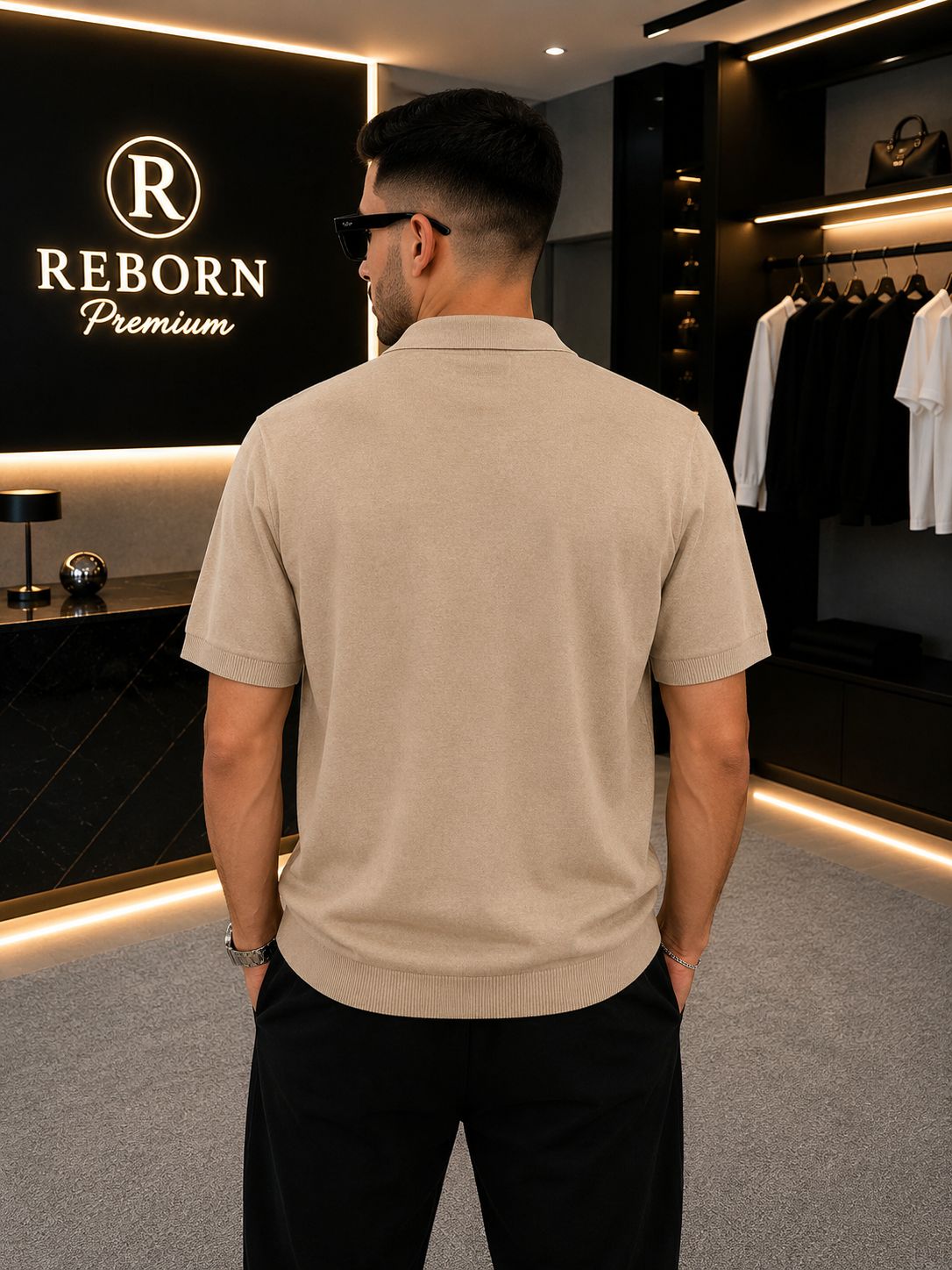 Beige Polo T-Shirt with an Embroidered Emblem.