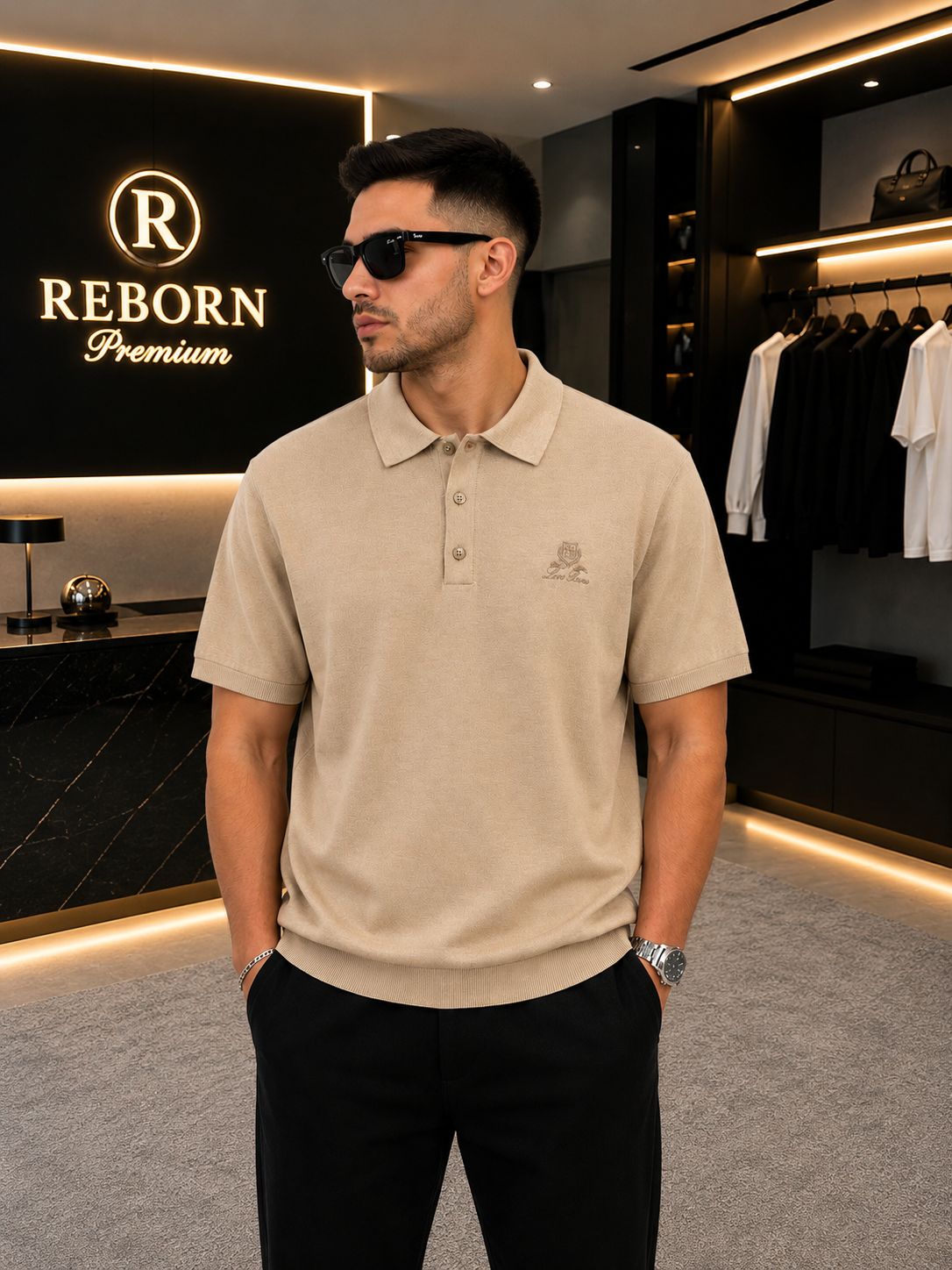 Beige Polo T-Shirt with an Embroidered Emblem.