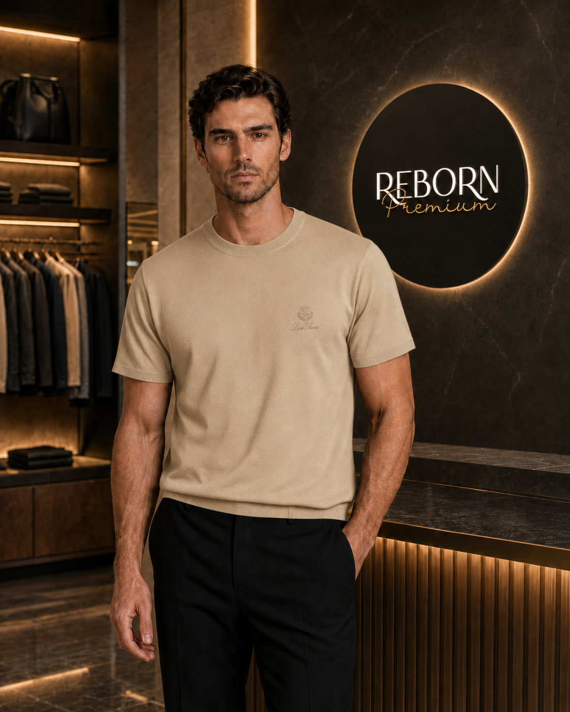 Beige Logo-Embroidered Knitted T-Shirt