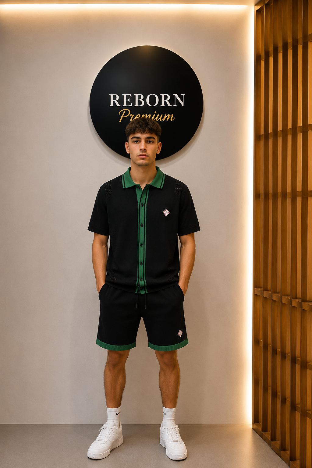 Black Knit Set With Green Trim